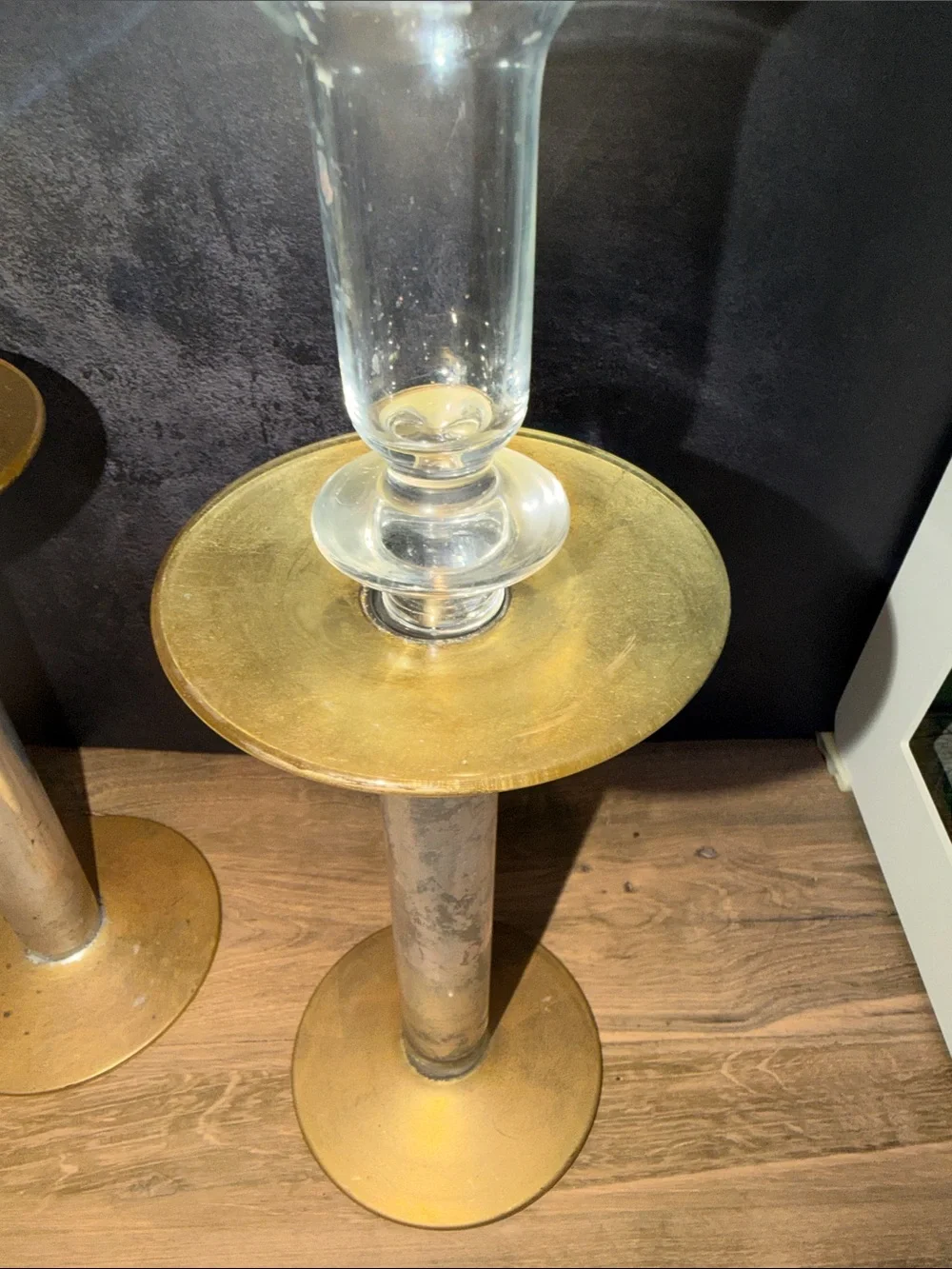 Crate&Barrel Gold and Clear Tall Candle Holders - Pair